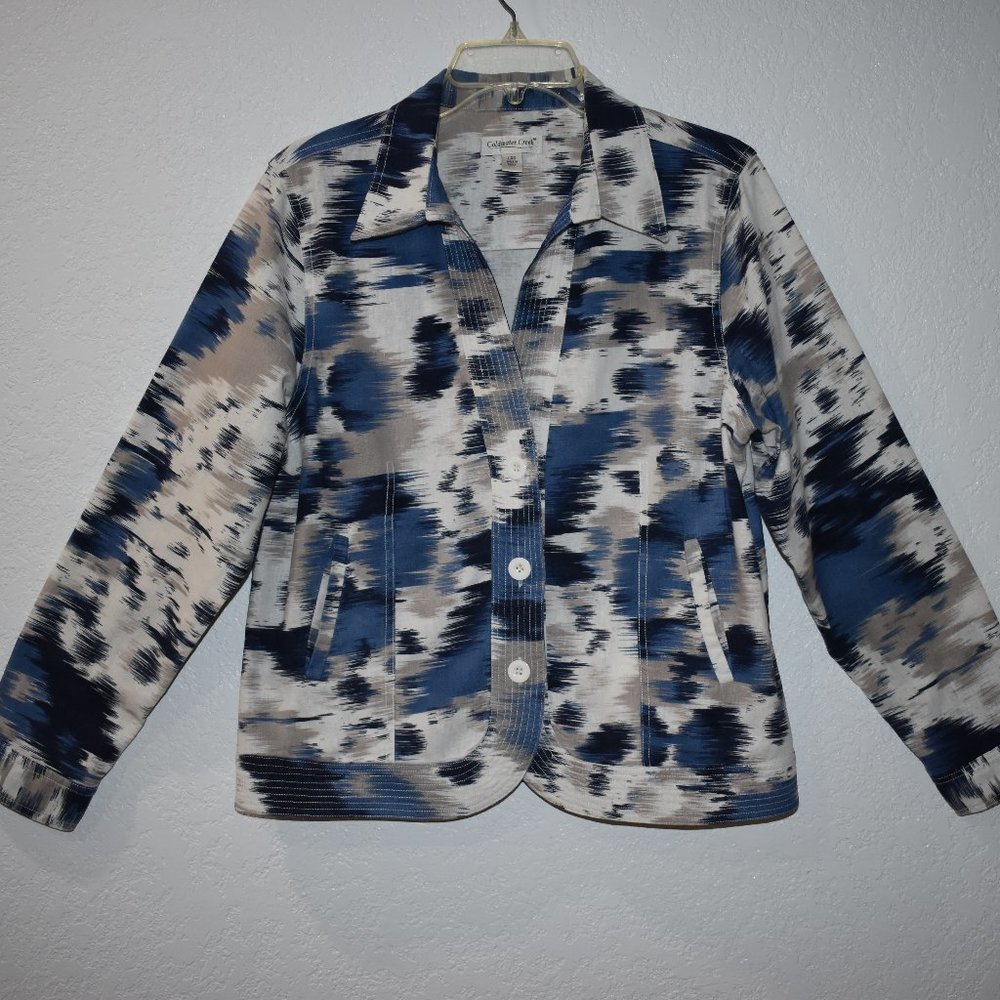 Coldwater Creek button front Jacket Blazer LINEN Blend abstract blue size LARGE